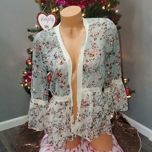 Floral Flowy Lace Crochet Trim Kimono Cardigan